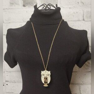 Vintage-Style White Enamel Gold-Tone Owl Pendant Necklace Long Chain